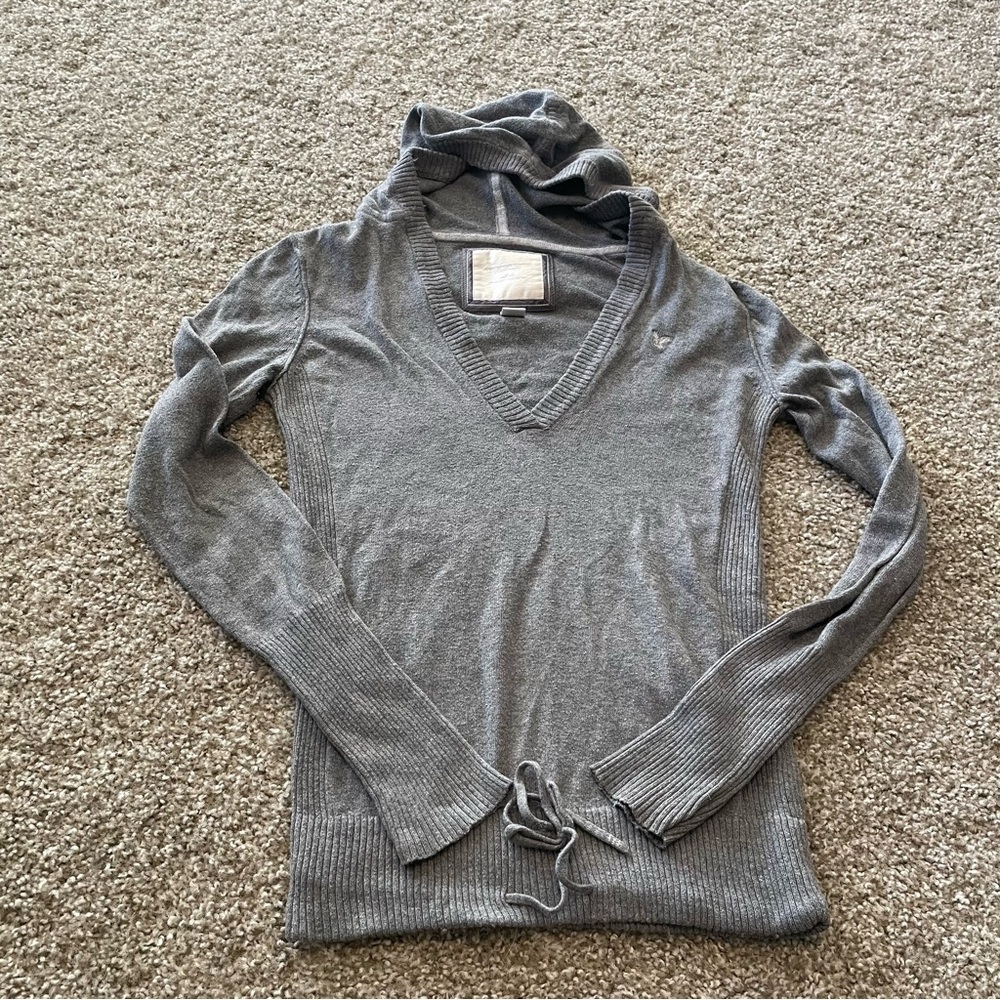 Vintage Y2K American Eagle long line v neck hooded sweater small gray‎ twilight